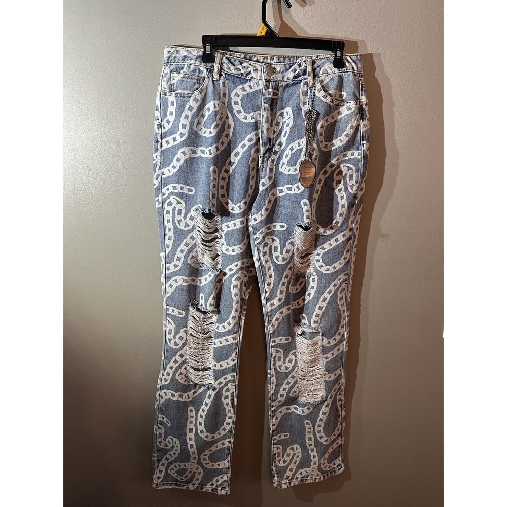 Spoon Jeans‎ Womens Size 13 Distressed Chain Print Straight Leg Denim NWT